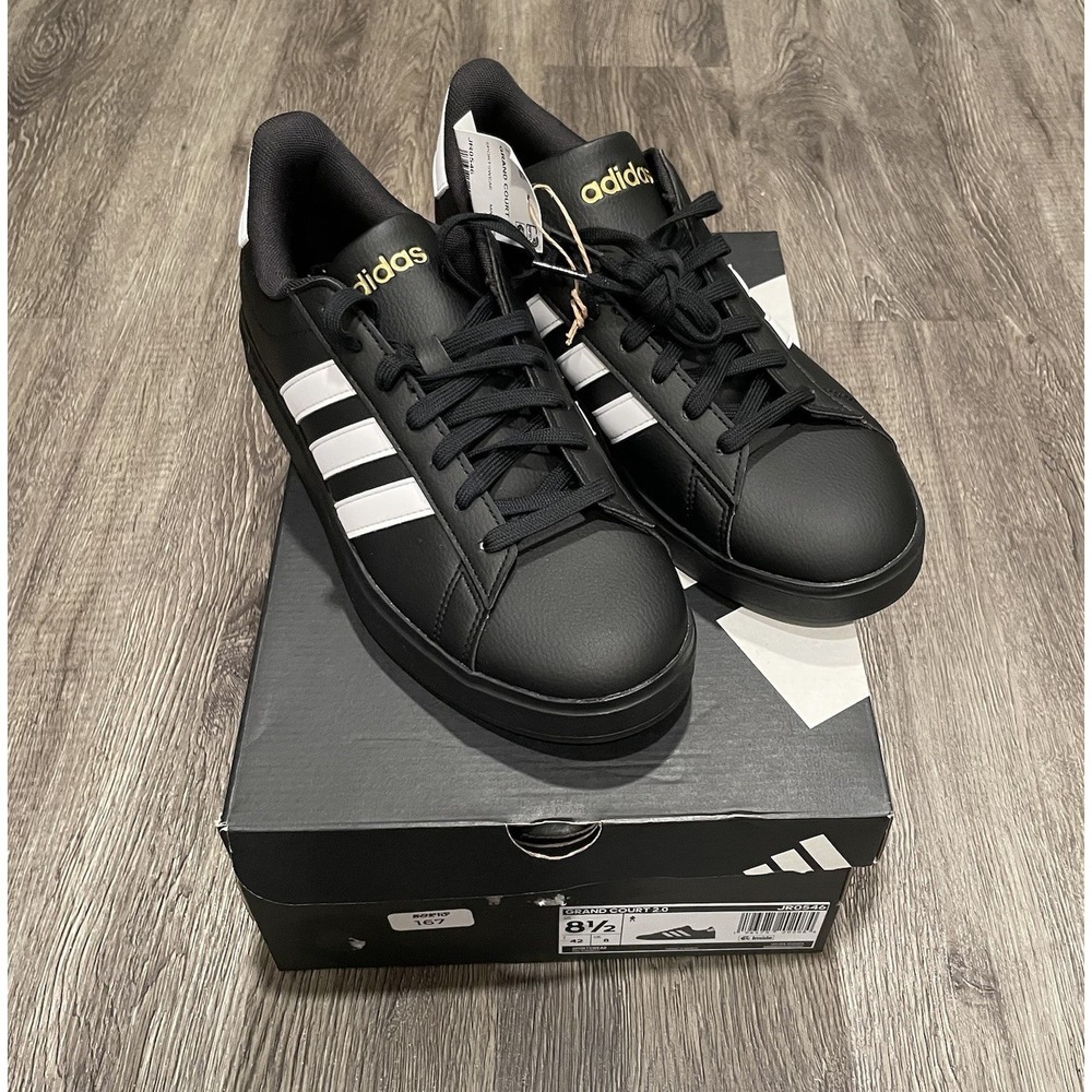 Adidas Grand Court 2.0 Shoes Men's Size 8.5 Black White Gold Sneakers JR0546